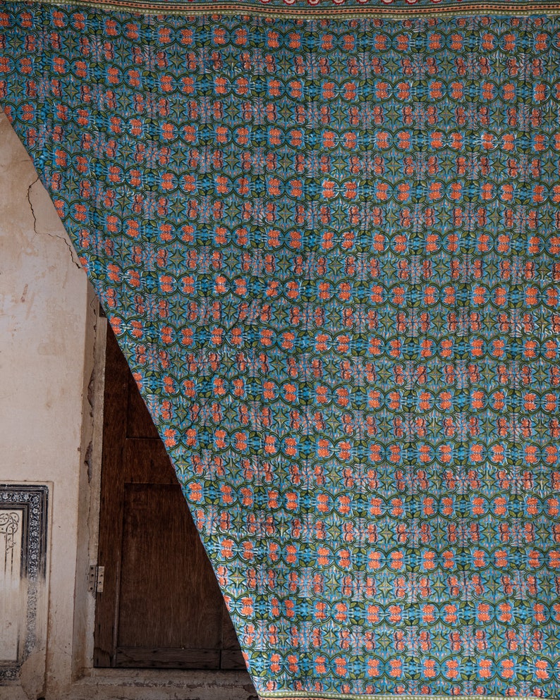 Handmade Cotton Gauze Quilt Bedding Set: Boho Lotus Block Print