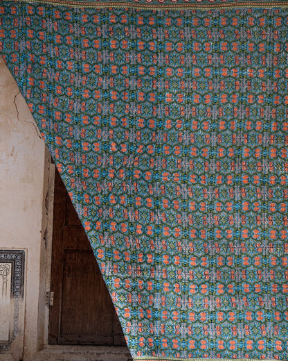 Handmade Cotton Gauze Quilt Bedding Set: Boho Lotus Block Print