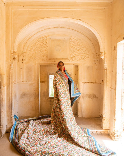 Handmade Kantha Stitch King Quilt: Indian Block Print Cotton Bedspread