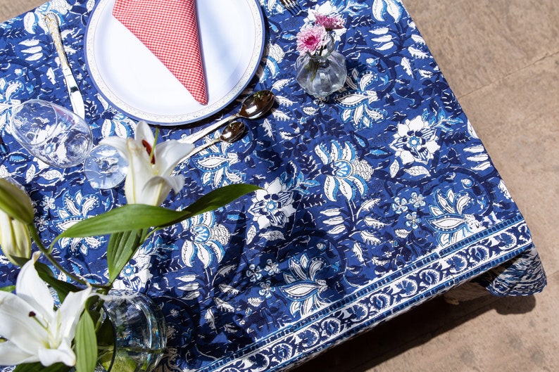 Handmade Cotton Tablecloth: Indian Floral Block Print, Kantha Stitch (54" x 84")