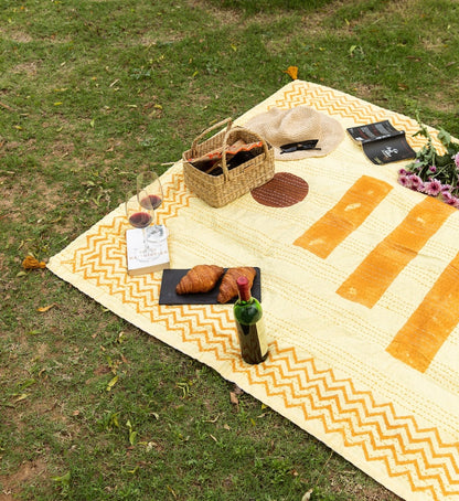 Handmade Yellow Cotton Picnic Blanket: Boho Kantha Stitched Tassels