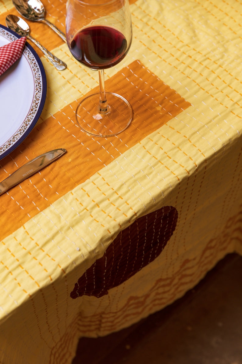 Handmade Yellow Cotton Picnic Blanket: Boho Kantha Stitched Tassels