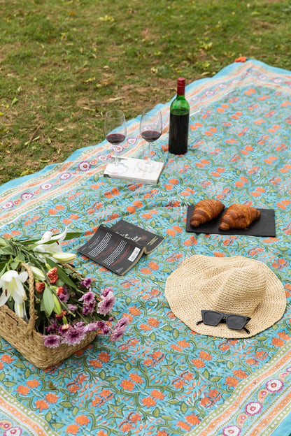 Floral Block Print Cotton Picnic Blanket: Kantha Stitched Throw
