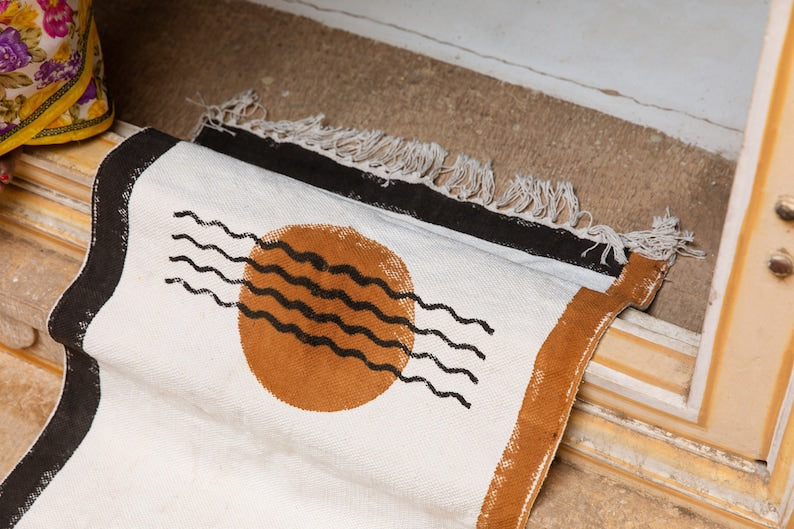 Block Printed Cotton Runner Rug: 2x6 Handmade Dhurrie Rug