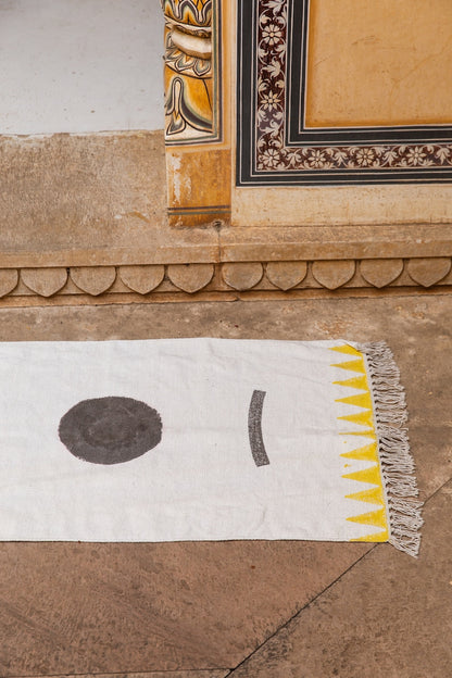 Hand-Block Printed Cotton Runner Rug: Modern Boho Moon Phase Design