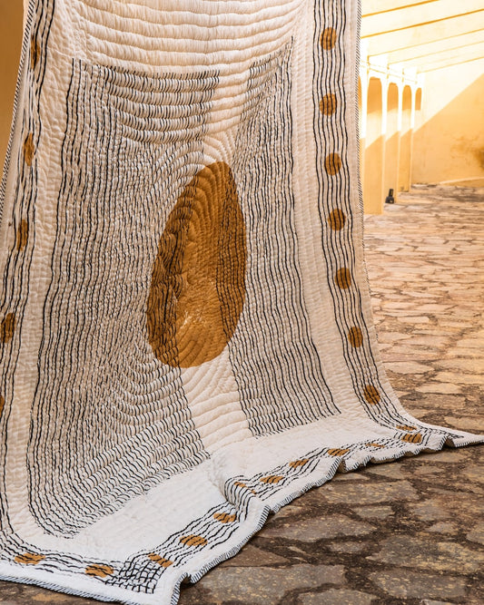 Handmade Twin Quilt: Boho Kantha Stitch Block Print Bedspread