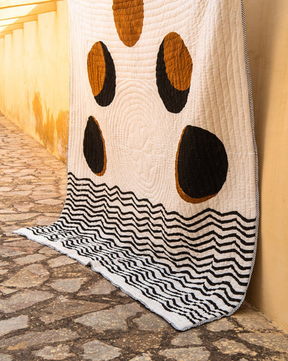 Hand-Block Printed Queen Quilt: Lunar Moon Cotton Bedspread