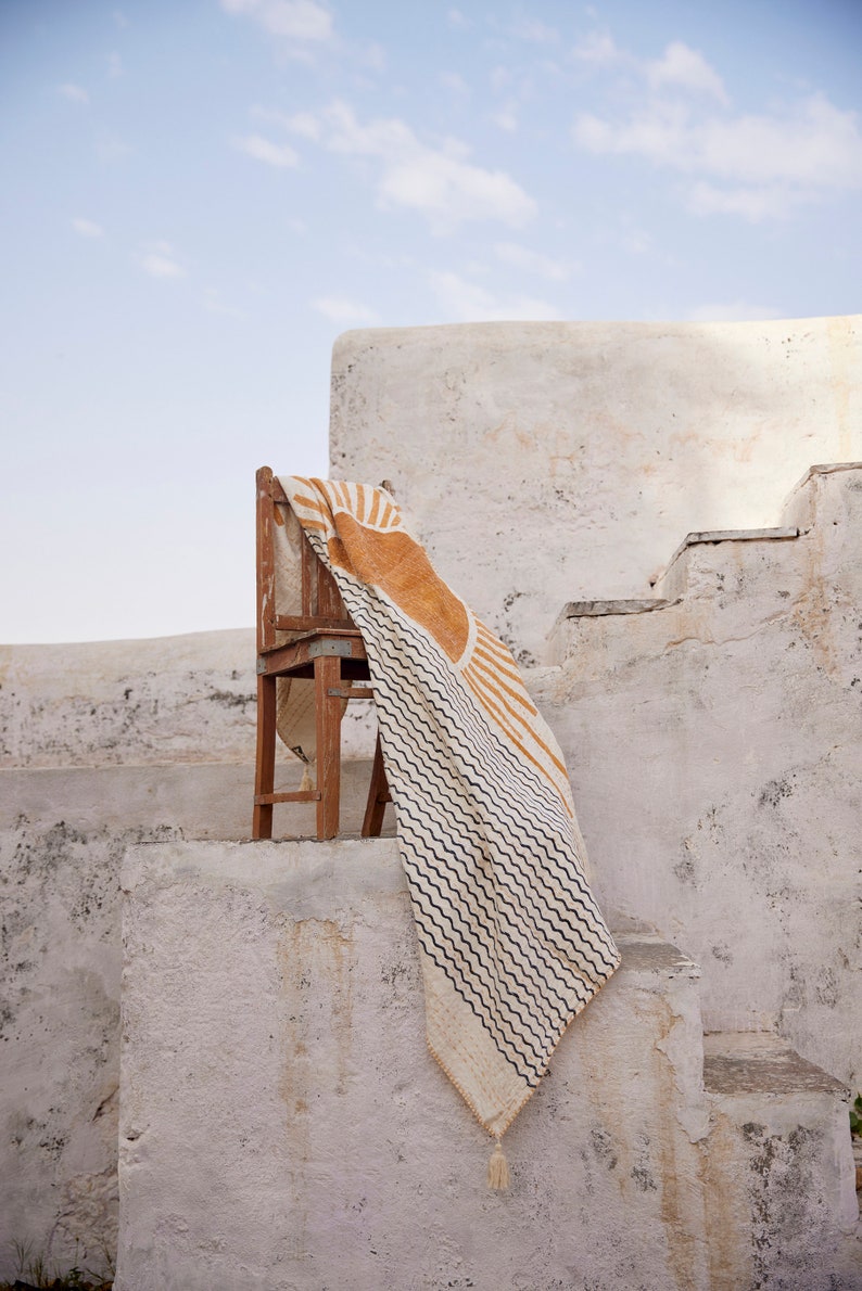 Hand-Block Printed Linen Kantha Throw Blanket: Rising Sun Design
