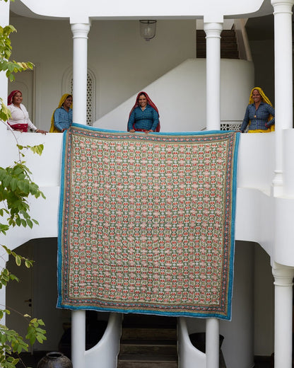 Handmade Queen Size Floral Quilt: Reversible Block Print Cotton Bedding