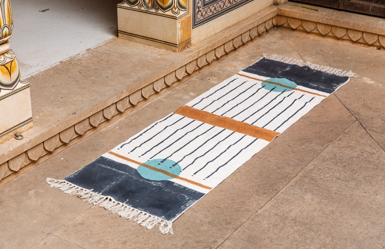 Blue Abstract Moon Rug Runner: Block Printed Cotton 2x6