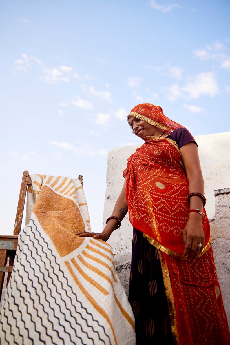 Hand-Block Printed Linen Kantha Throw Blanket: Rising Sun Design