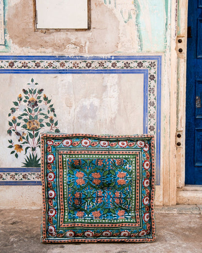 Block Printed Cotton Floor Cushion: Tufted Japanese Seating Pillow