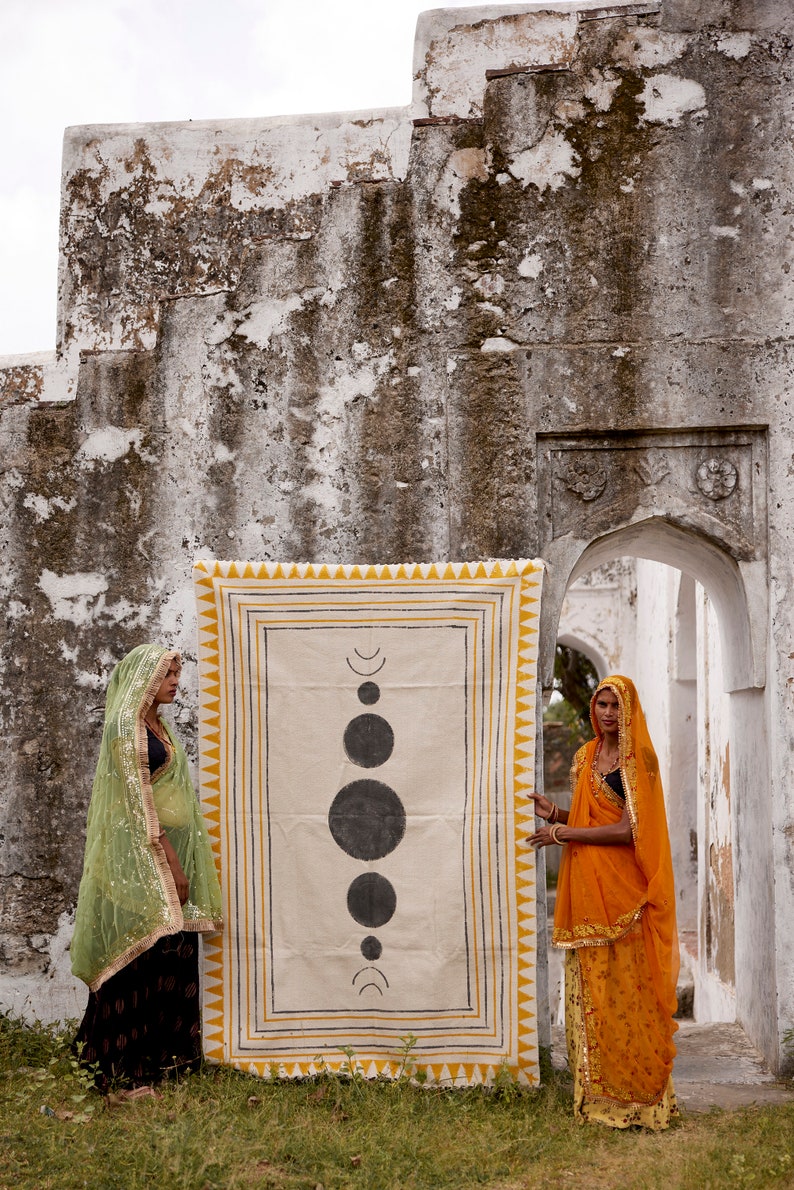 Cotton Moon Phase Rug: Handmade Block Print Boho Decor