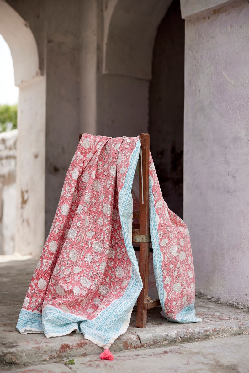 Pink Floral Kantha Quilt: Hand-Stitched Cotton Throw Blanket