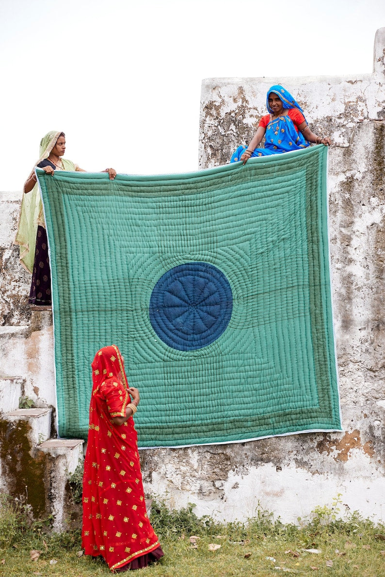 Handmade Queen Cotton Quilt: Green & Blue Block Printed Kantha-Stitched Bedspread