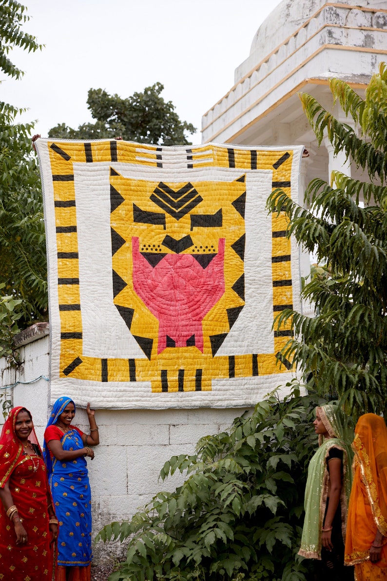 Handmade Tiger Quilt: Block Print Cotton Kantha, Queen/King Size