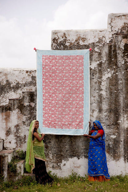Pink Floral Kantha Quilt: Hand-Stitched Cotton Throw Blanket