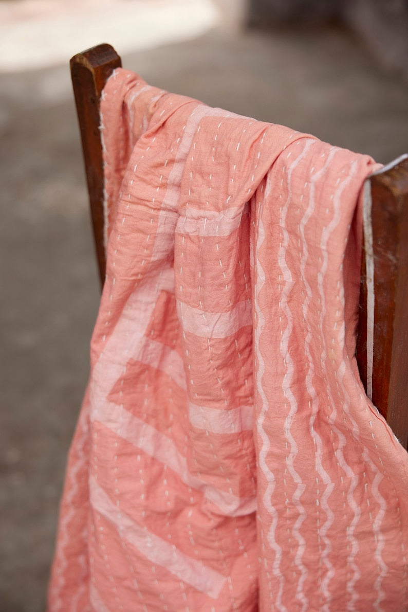 Hand-Stitched Kantha Throw Blanket: Block Printed Boho Cotton Throw