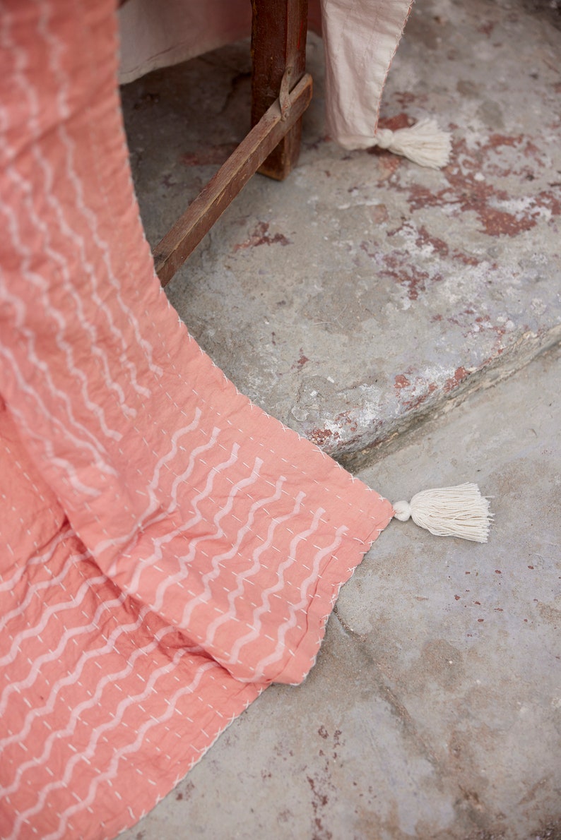 Hand-Stitched Kantha Throw Blanket: Block Printed Boho Cotton Throw