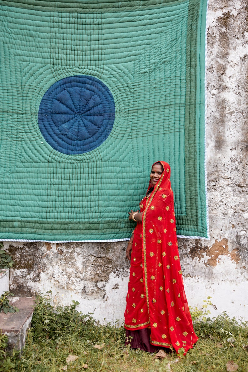 Handmade Kantha Quilt: Reversible Blue Ocean Bedspread Set