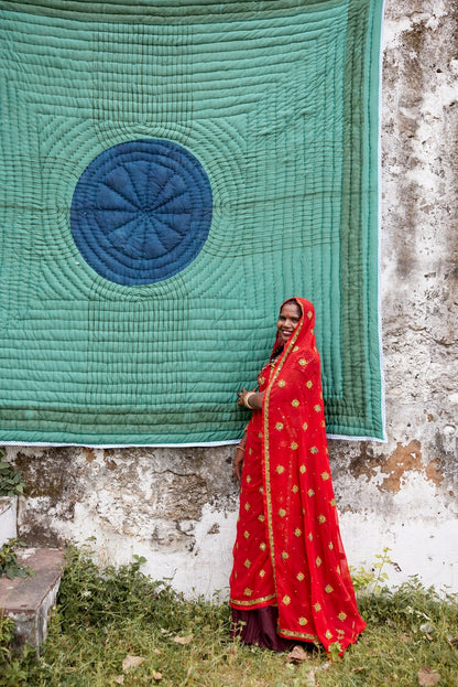 Handmade Kantha Quilt: Reversible Blue Ocean Bedspread Set