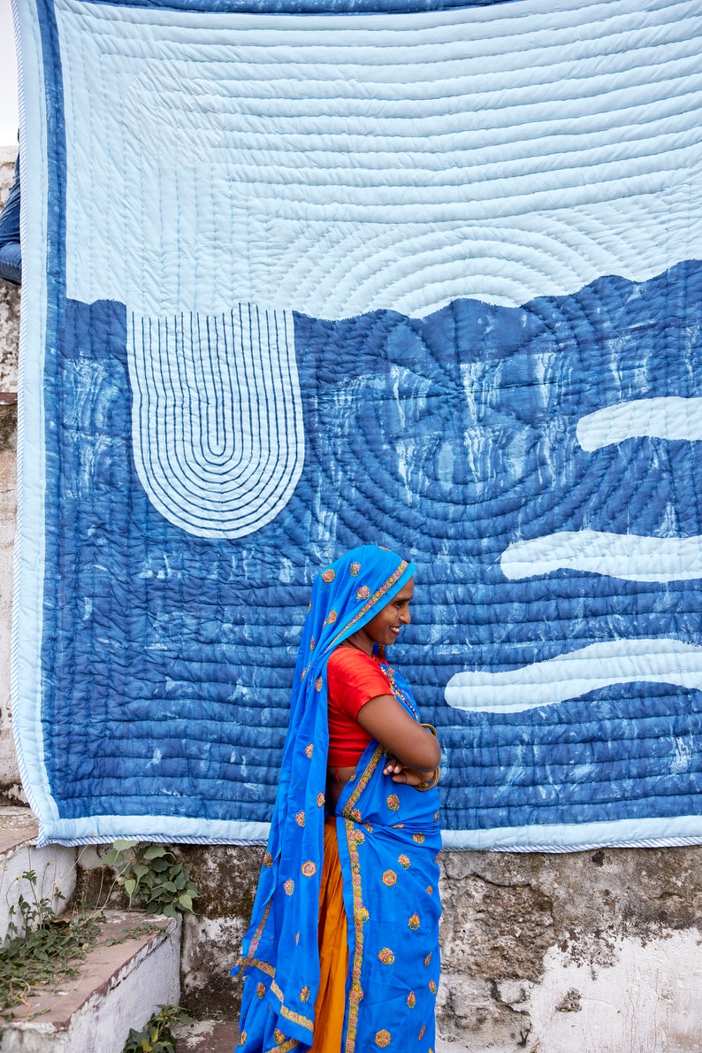 Handmade Twin Quilt: Reversible Cotton Bedspread, Boho Modern Design