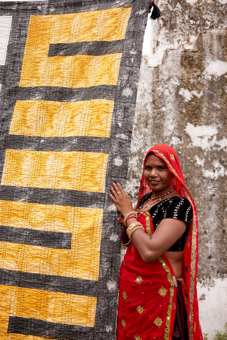 Handmade Kantha Throw Blanket: Cotton Hand-Block Printed Quilted Throw