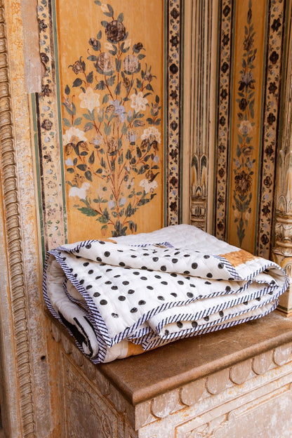 Handmade Block Printed Cotton Quilt: Reversible Kantha Bedspread