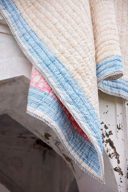 Handmade King Size Cotton Kantha Quilt: Reversible Pink & White Block Print