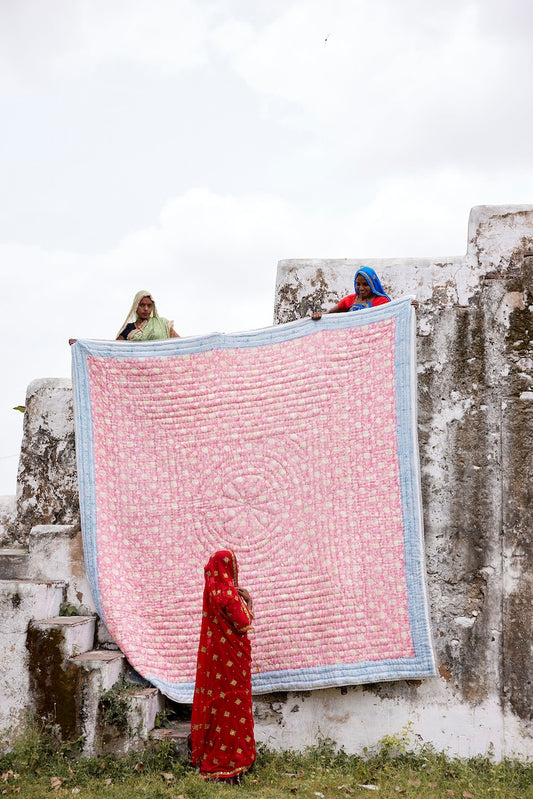Handmade King Size Cotton Kantha Quilt: Reversible Pink & White Block Print