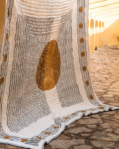 Moon Phase Kantha Quilt: King/Queen Size Block Printed Cotton Bedspread