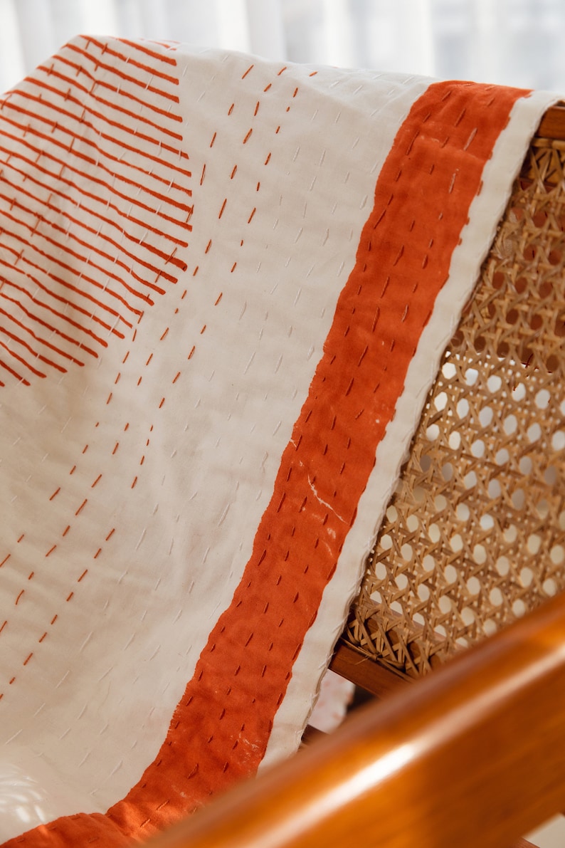 Handmade Linen Kantha Throw Blanket: Bauhaus Block Print