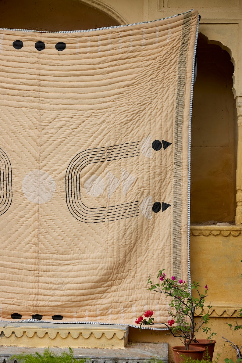 Handmade Block Printed Cotton Quilt: Modern King/Queen Bedspread