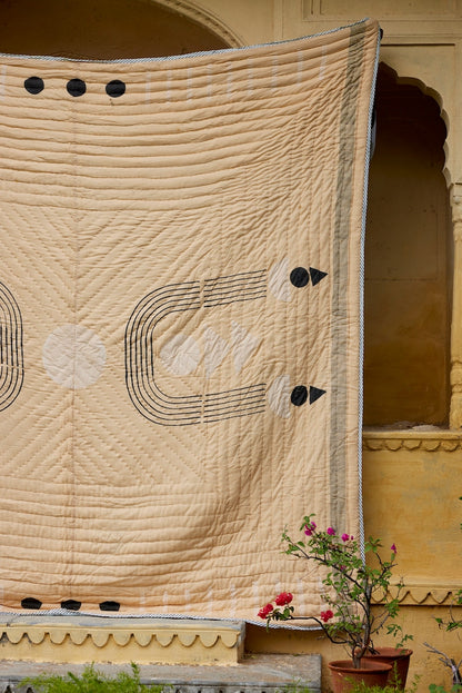 Handmade Block Printed Cotton Quilt: Modern King/Queen Bedspread