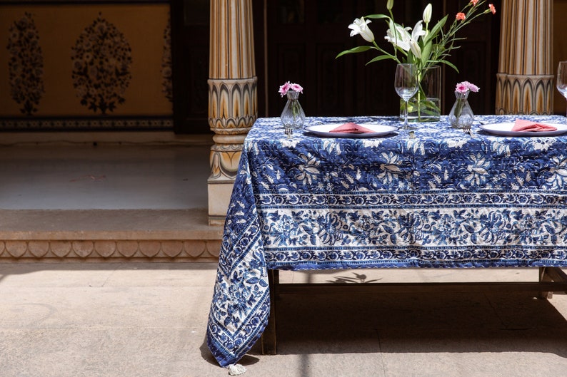 Handmade Cotton Tablecloth: Indian Floral Block Print, Kantha Stitch (54" x 84")