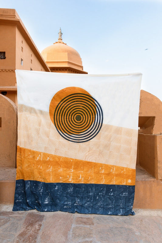 Modern Block Printed Duvet Cover Set: Spiral Sun Design, Cotton Bedding