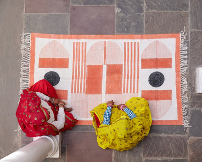 Handmade Block Printed Cotton Dhurrie Rug: Bauhaus Abstract Design