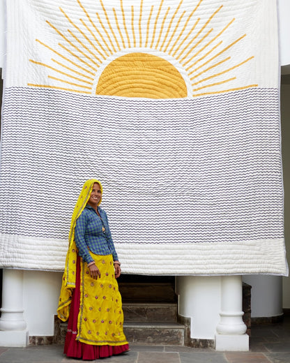 Hand Block Printed Cotton Kantha Quilt: Reversible Sunrise Sun Design