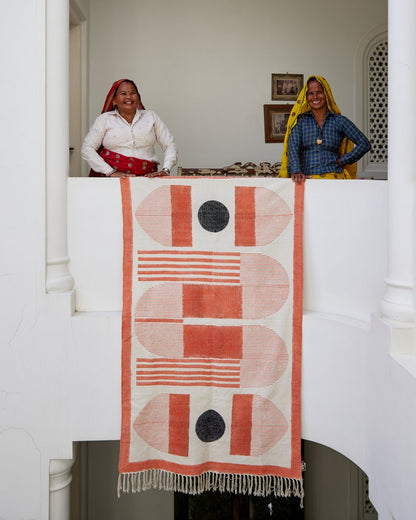 Handmade Block Print Cotton Rug: Bauhaus Abstract Design