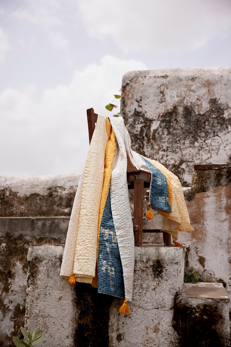 Handmade Linen Kantha Throw Blanket: Boho Mid-Century Modern