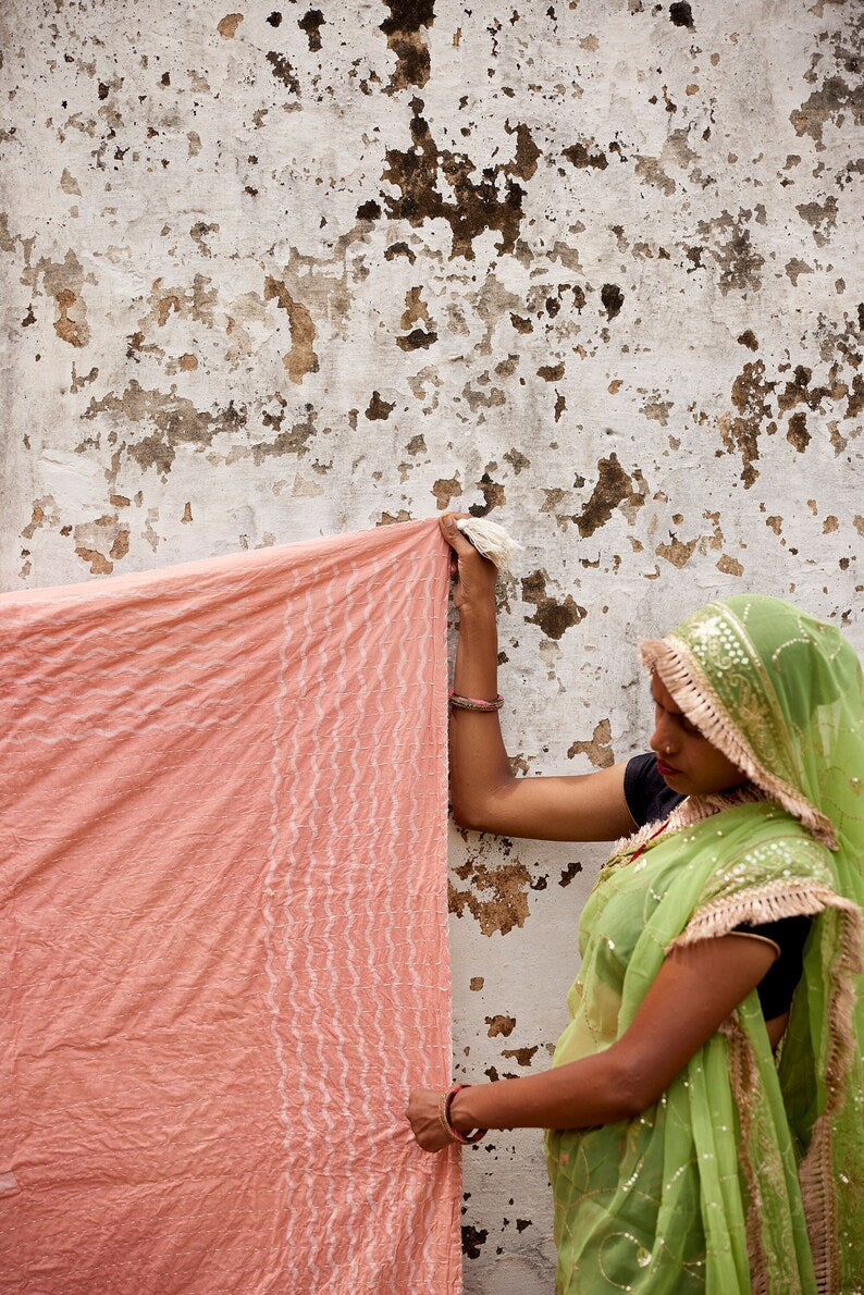 Hand-Stitched Kantha Throw Blanket: Block Printed Boho Cotton Throw