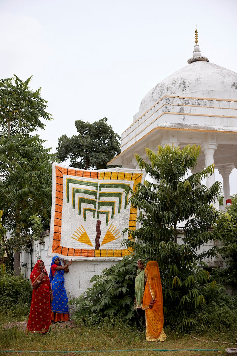 Hand-Block Printed Cotton Kantha Quilt: Reversible Boho Twin Bedding