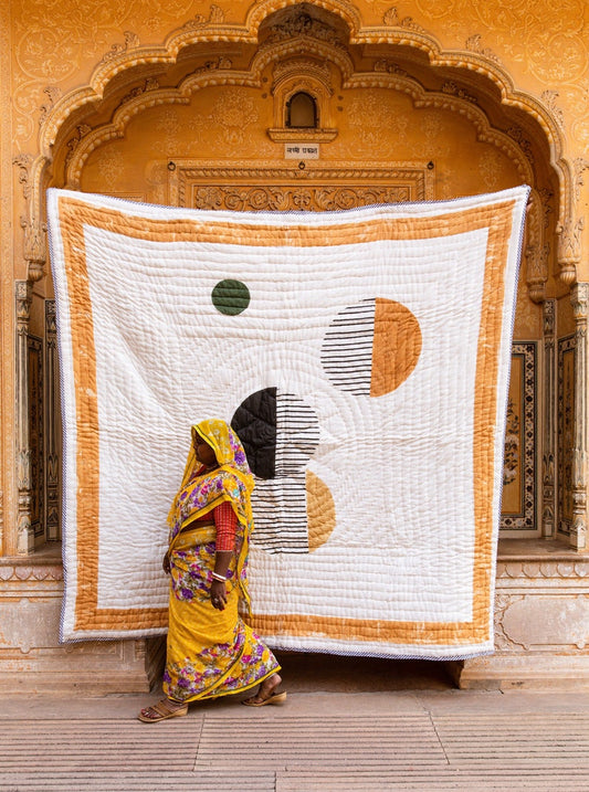 Modern Twin Quilt: Handmade Block Printed Cotton Bedspread
