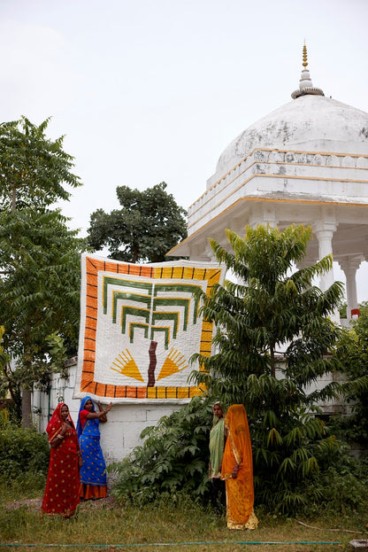 Hand-Block Printed Queen Quilt: Reversible Tiger Palm Cotton Kantha