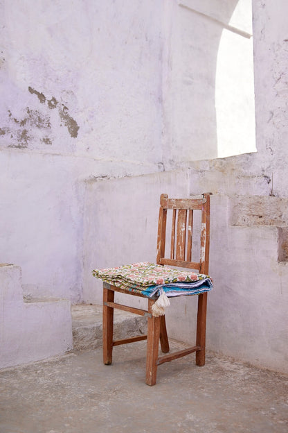 Floral Kantha Throw Blanket: Hand Block Printed Indian Cotton Quilt