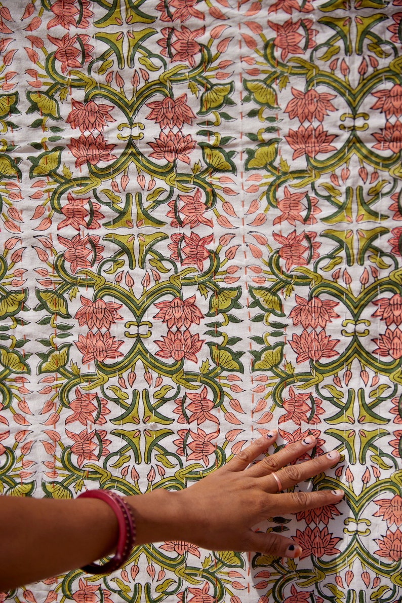 Floral Kantha Throw Blanket: Hand Block Printed Indian Cotton Quilt
