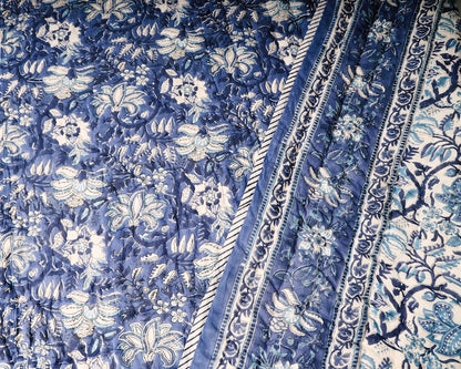 Handmade Cotton Quilt: King/Queen Size, Blue Floral Indian Bedspread
