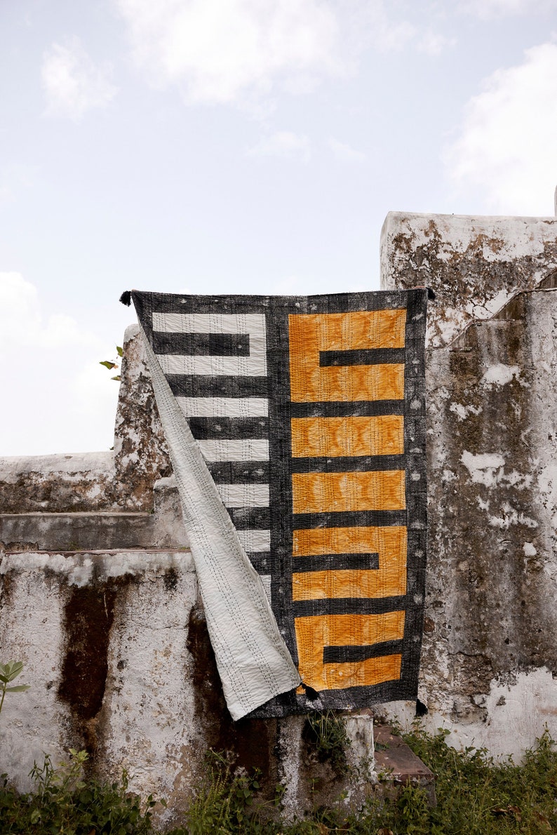 Handmade Kantha Throw Blanket: Cotton Hand-Block Printed Quilted Throw