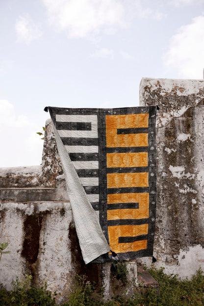Handmade Kantha Throw Blanket: Cotton Hand-Block Printed Quilted Throw