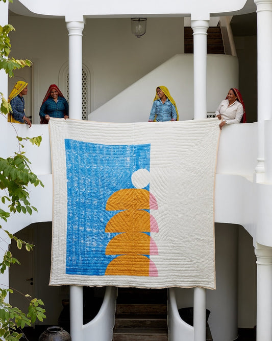 Handmade Twin Quilt: Abstract Sunset Design, Kantha Stitched Cotton